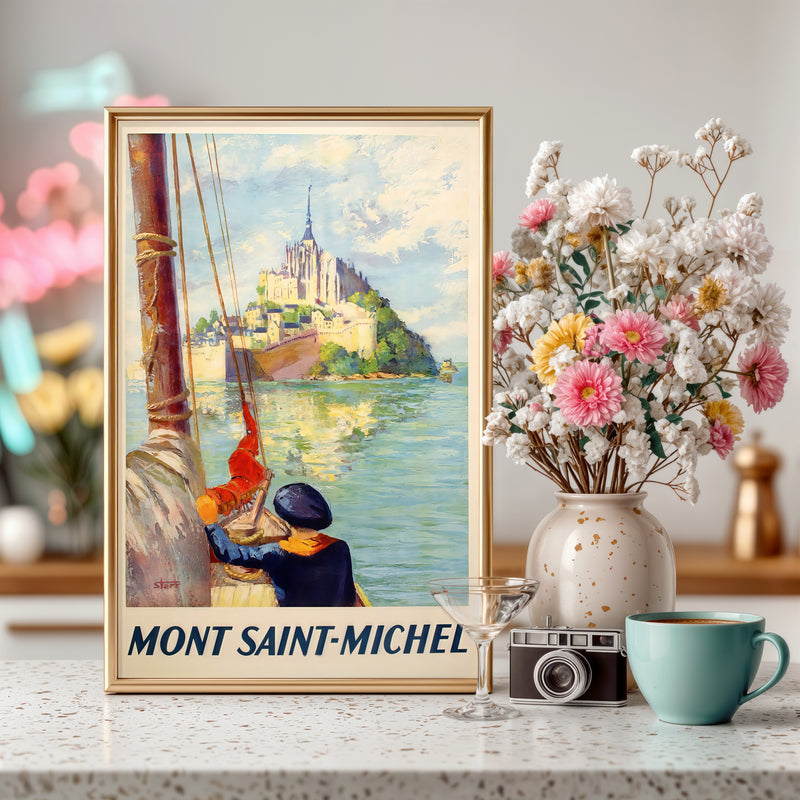 Mont Saint-Michel poster print, vintage France travel art, coastal scene wall decor
