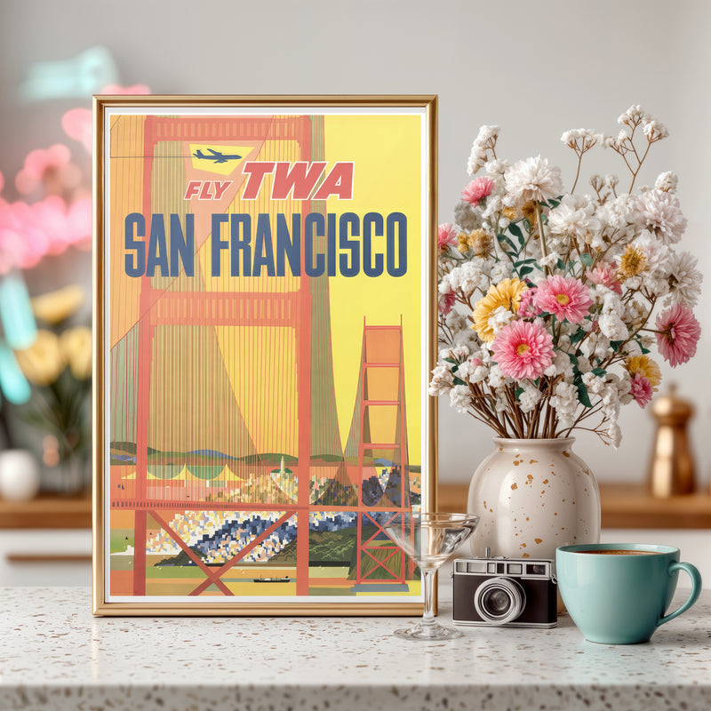Fly TWA San Francisco Vintage Travel Poster – Golden Gate Bridge Retro Airline Art (11×17)