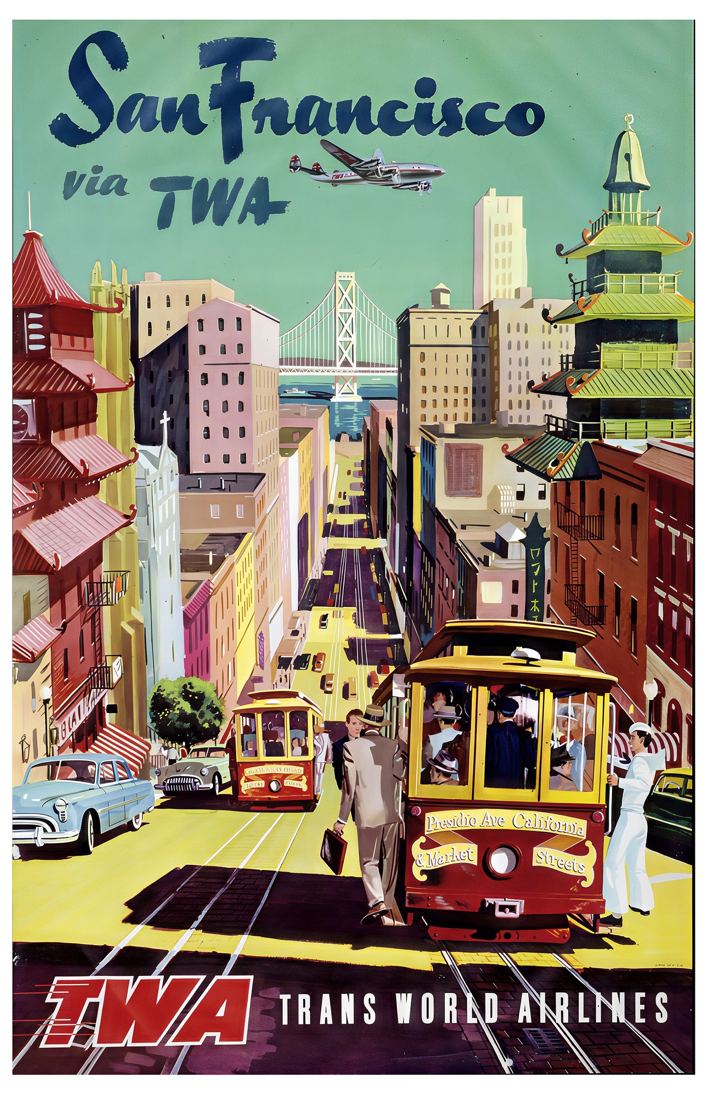 San Francisco via TWA Vintage Travel Poster – Retro Cable Car & Skyline Art (11×17)