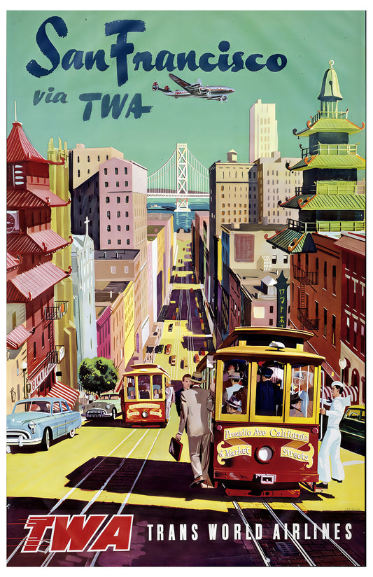 San Francisco via TWA Vintage Travel Poster – Retro Cable Car & Skyline Art (11×17)