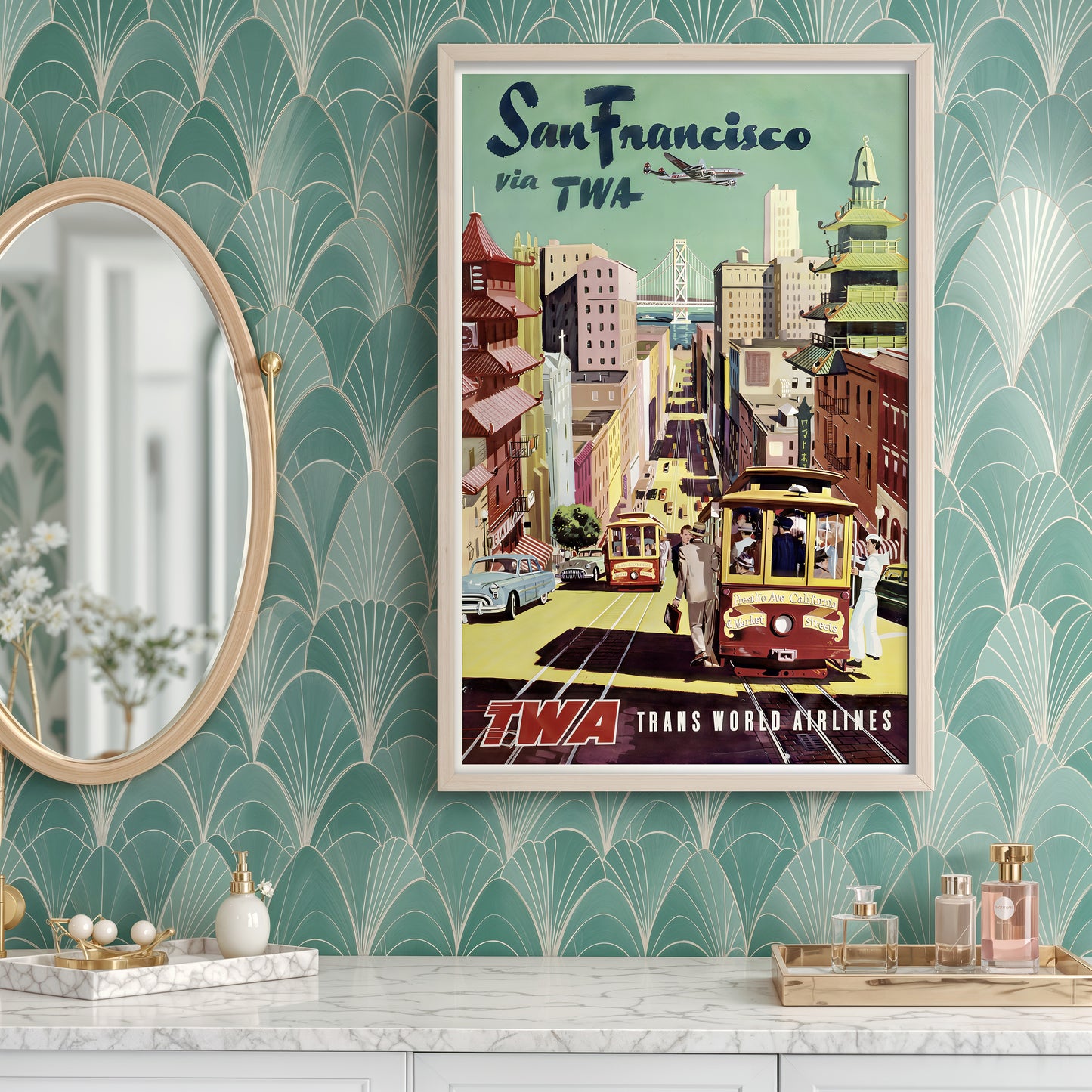 San Francisco via TWA Vintage Travel Poster – Retro Cable Car & Skyline Art (11×17)