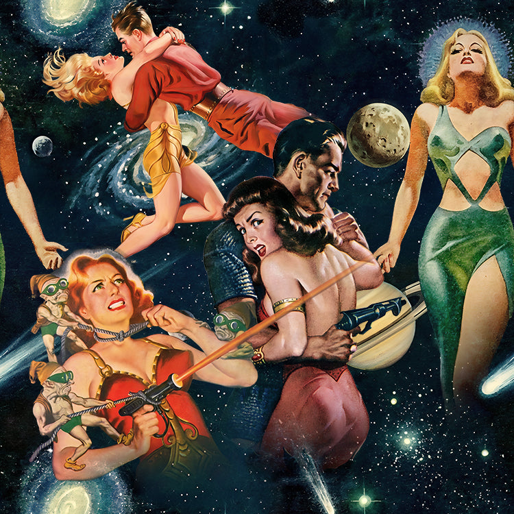 Retro Sci-Fi Adventure Wrapping Paper – Vintage Space Romance & Danger Pattern