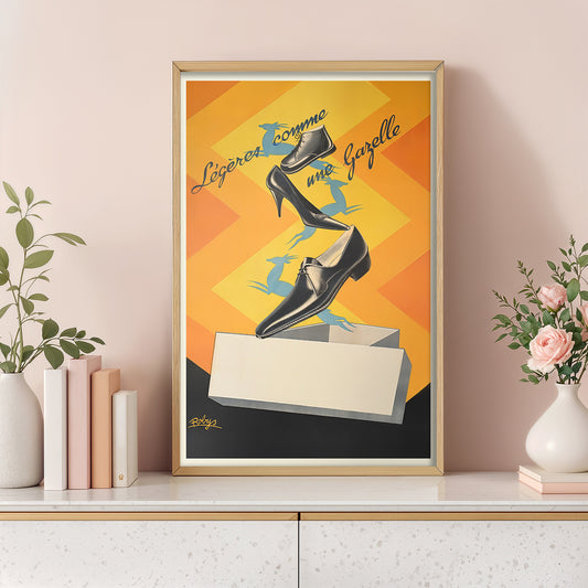 Vintage French Shoe Poster Print, “Gazelle” Art Deco Advertising, Mid-Century Fashion Wall Art, Paris Boutique Decor, Orange Graphic, 11x17