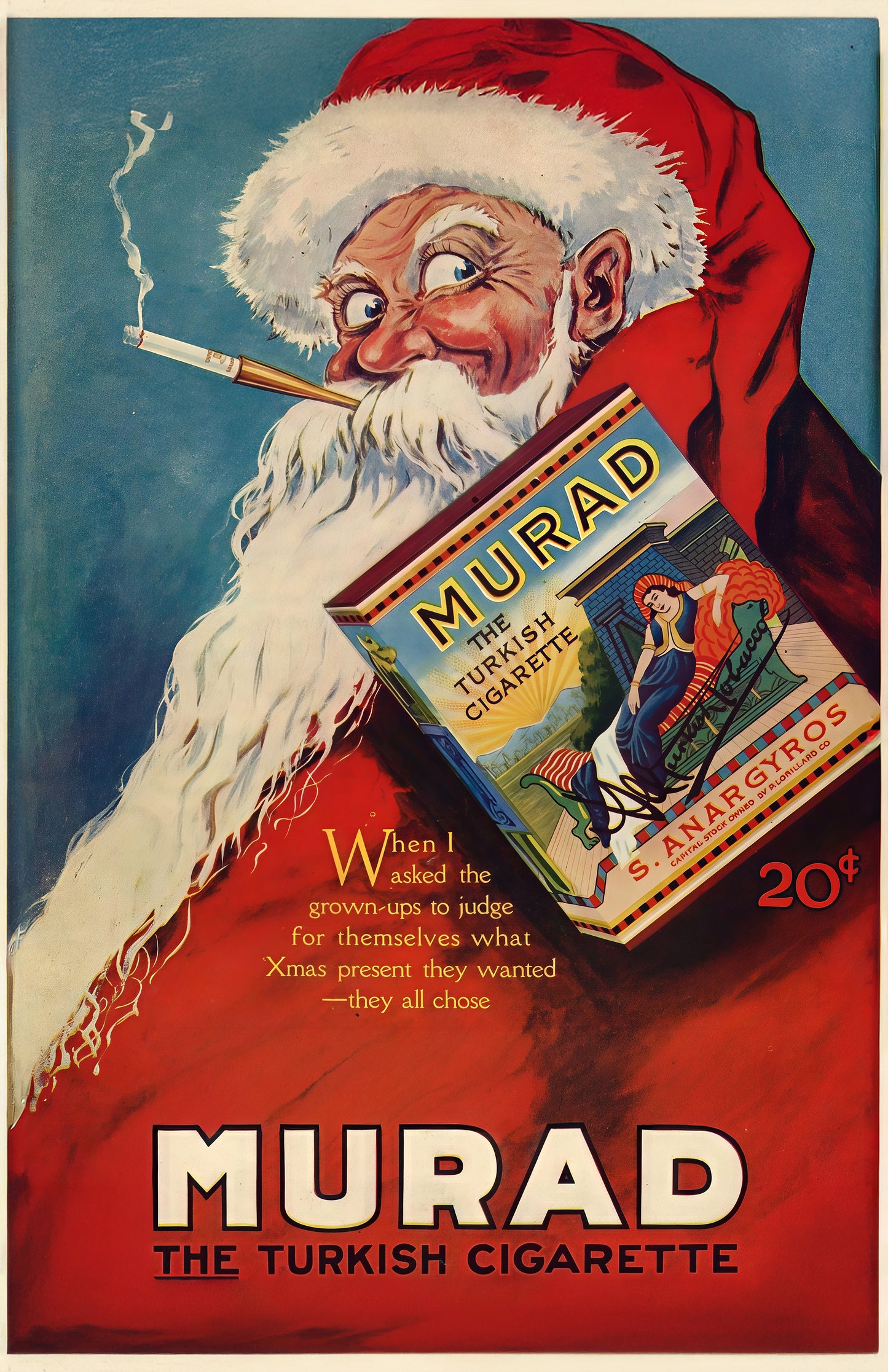 Murad Cigarette Santa Poster • Vintage 1910s Christmas Ad Art • Retro Tobacco Illustration Print