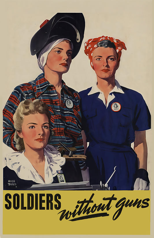 Soldiers Without Guns poster print, vintage WWII women workers art, Rosie style wall decor