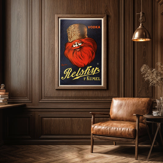 Vintage Relsky Vodka Poster – Bold Red Beard Mid-Century Advertising Art Print
