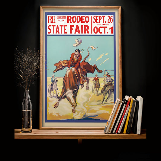 Vintage Rodeo State Fair poster print, bucking bull rider art, western wall decor 11x17