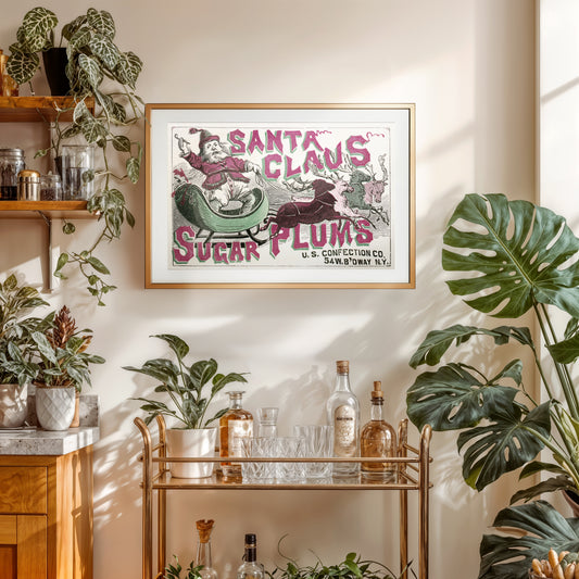 Vintage Santa Claus Sugar Plums Poster – 19th Century Christmas Confectionery Art
