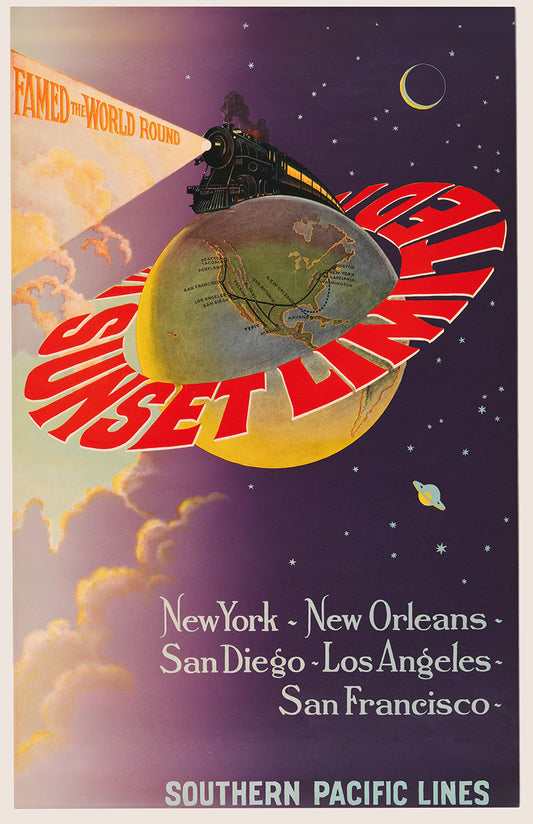 Sunset Lines poster print, vintage train travel art, Southern Pacific night sky wall decor