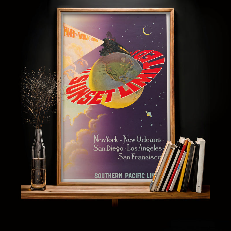 Sunset Lines poster print, vintage train travel art, Southern Pacific night sky wall decor