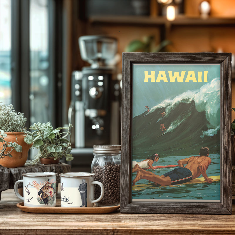 Vintage Hawaii Surfing Poster – Restored Retro Travel Art, Big Wave Surf Print, Mid-Century Beach Wall Decor