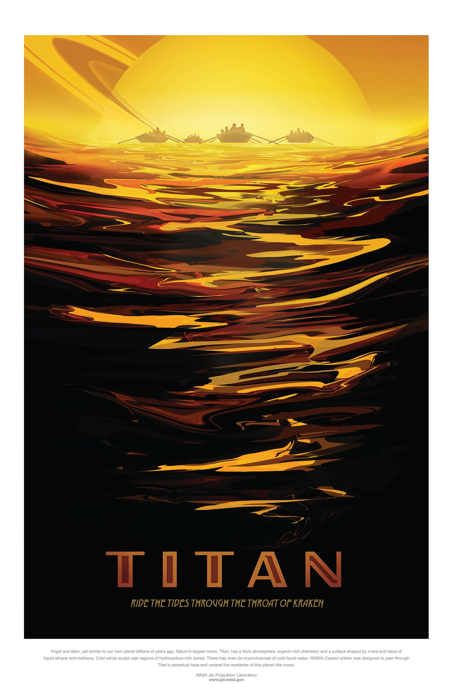Titan NASA Travel Poster • Saturn Moon Exploration Art • Retro Space Tourism Print