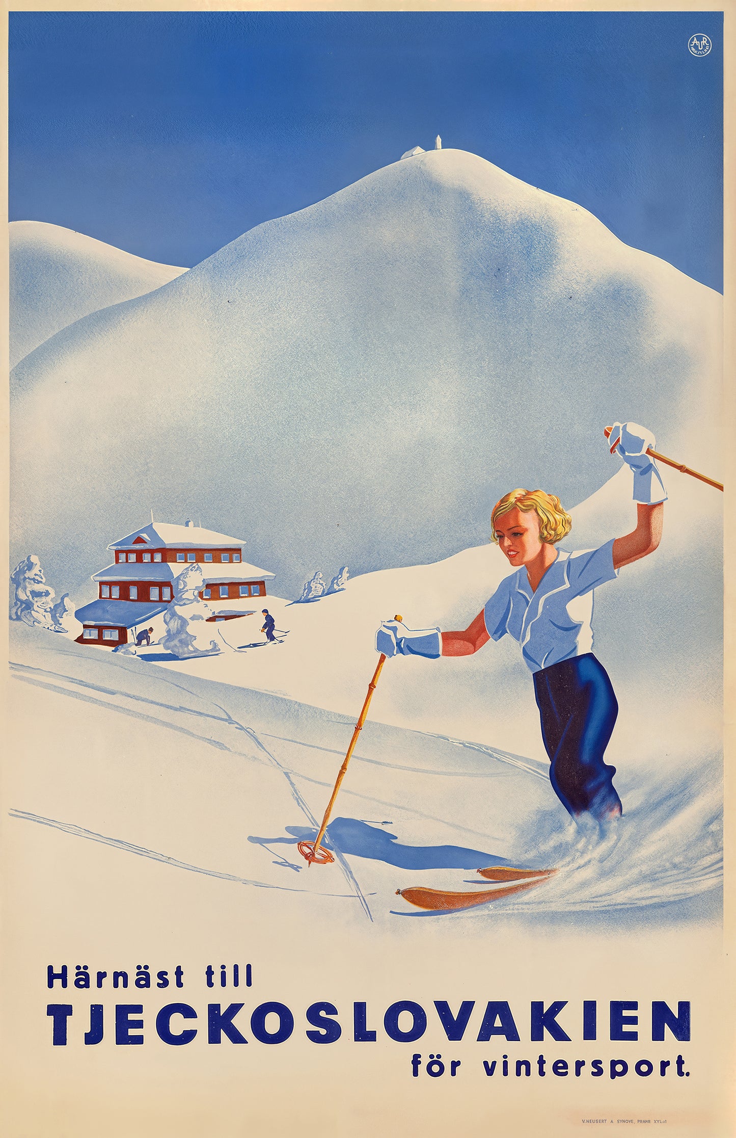 Vintage Tjeckoslovakien Winter Sports Travel Poster – 1930s Ski Illustration