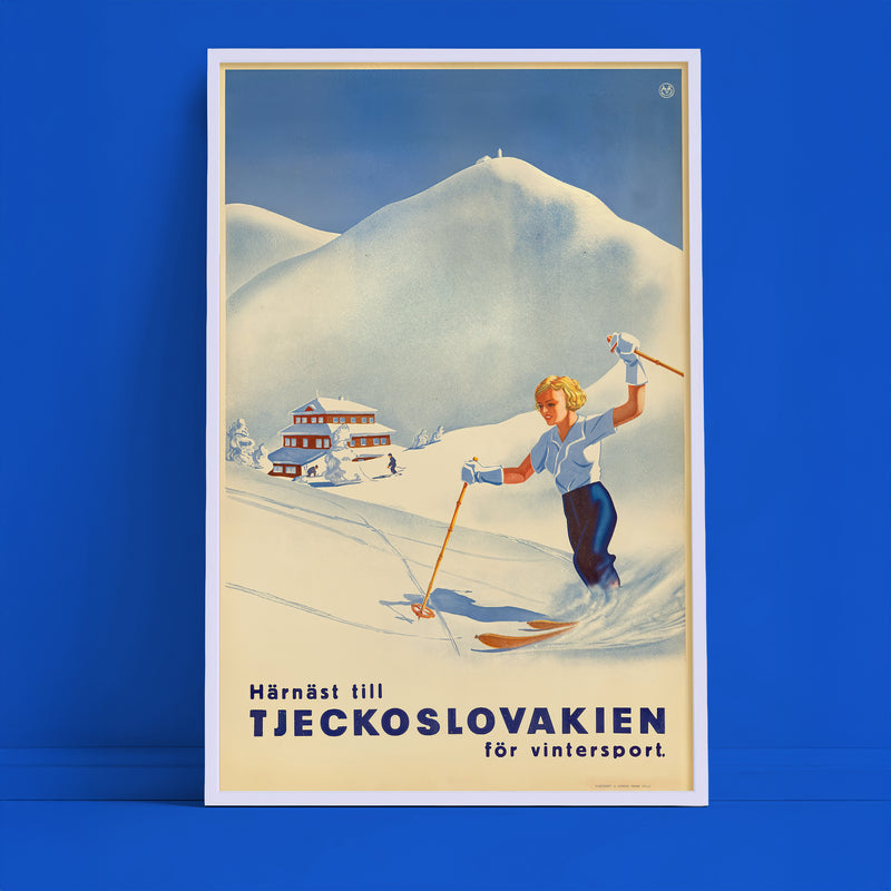 Vintage Tjeckoslovakien Winter Sports Travel Poster – 1930s Ski Illustration