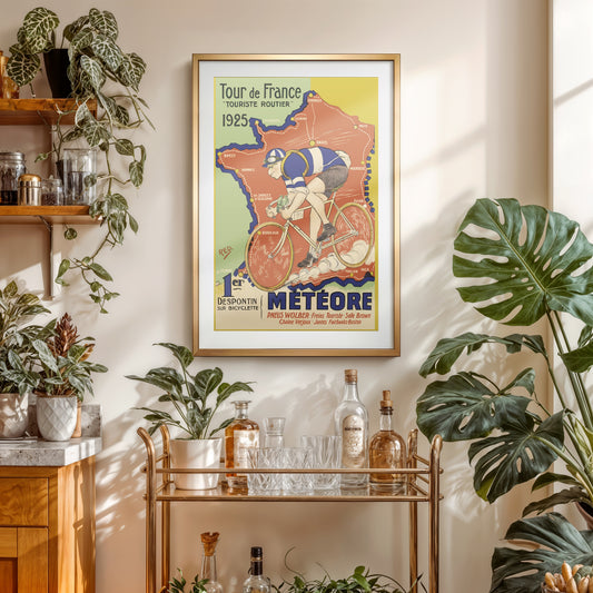 Tour de France poster print, vintage cycling art 1925 route map decor, French sports gift