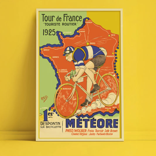 Tour de France poster print, vintage cycling art 1925 route map decor, French sports gift