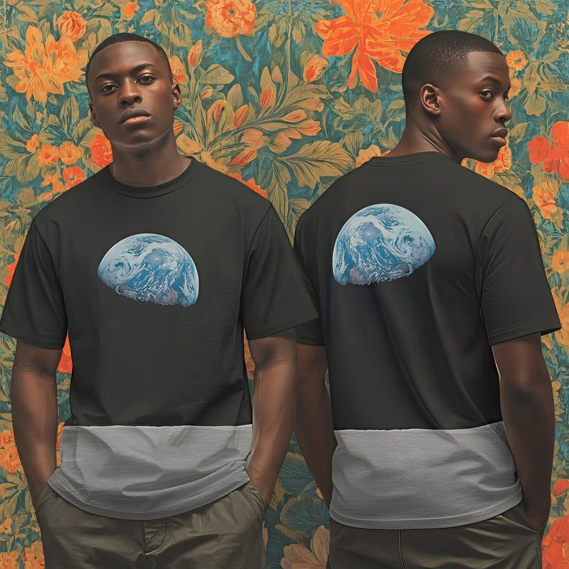 Earthrise All-Over Print Cotton T-Shirt – Front & Back NASA Space Tee Featuring the Iconic Apollo 8 View
