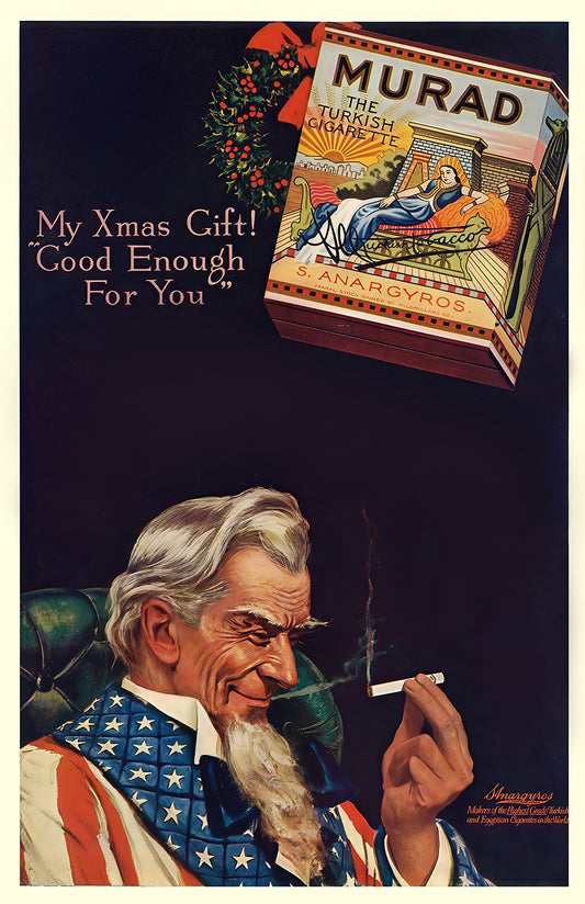 Murad Cigarettes vintage poster print, Uncle Sam Christmas ad art, retro Americana wall decor