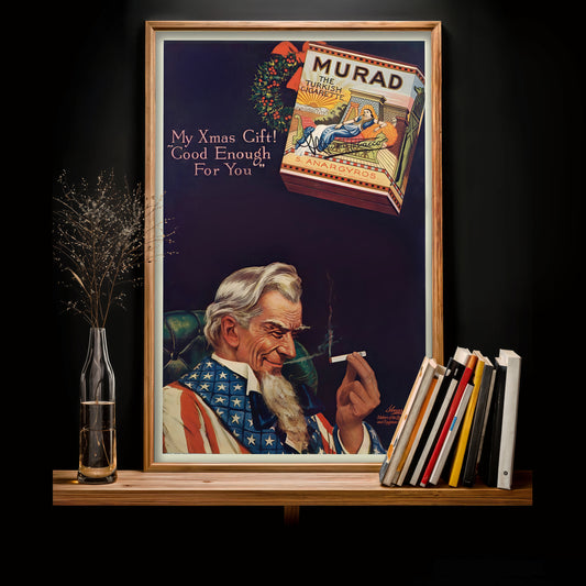Murad Cigarettes vintage poster print, Uncle Sam Christmas ad art, retro Americana wall decor