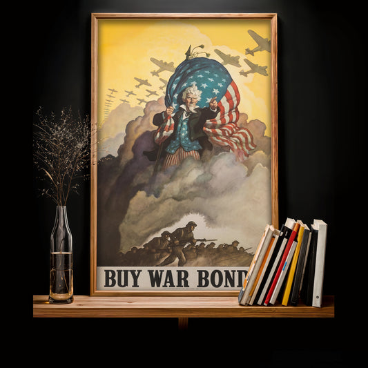 Buy War Bonds poster print, vintage Uncle Sam art, WWII propaganda wall decor