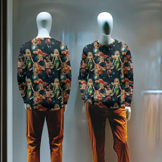 Retro Sci-Fi Pin-Up Galaxy Sweatshirt – All-Over Print Vintage Space Adventure