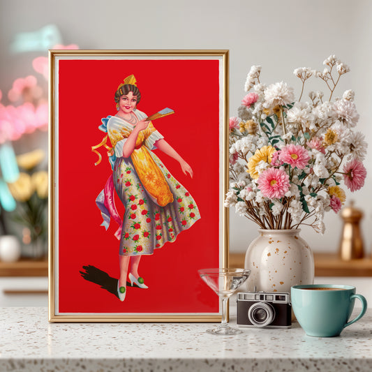 Vintage Lady with Fan Poster – Colorful Traditional Dress Art Print