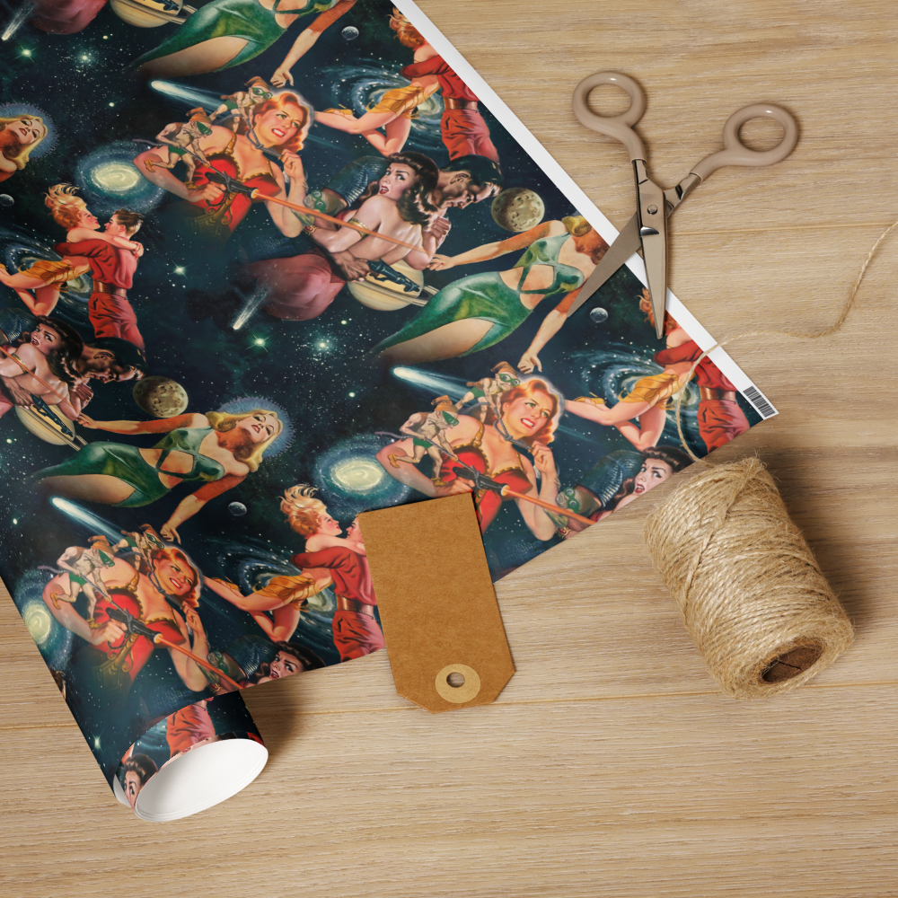 Retro Sci-Fi Adventure Wrapping Paper – Vintage Space Romance & Danger Pattern