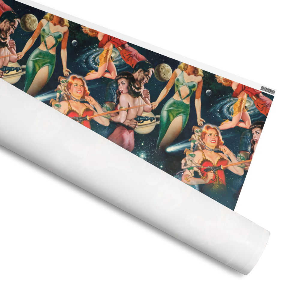 Retro Sci-Fi Adventure Wrapping Paper – Vintage Space Romance & Danger Pattern