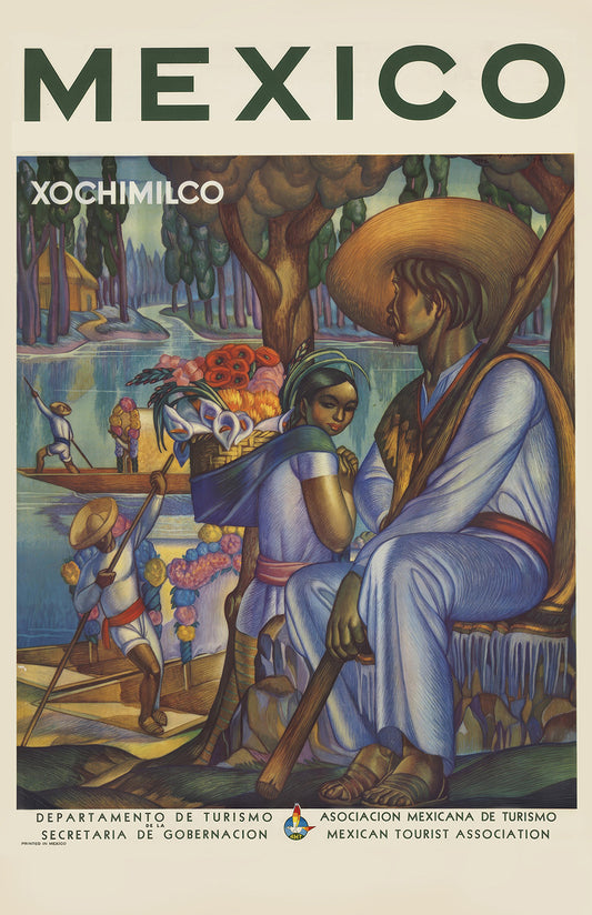 Mexico travel poster print, Xochimilco wall art, vintage tourism illustration for colorful decor gift