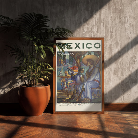 Mexico travel poster print, Xochimilco wall art, vintage tourism illustration for colorful decor gift