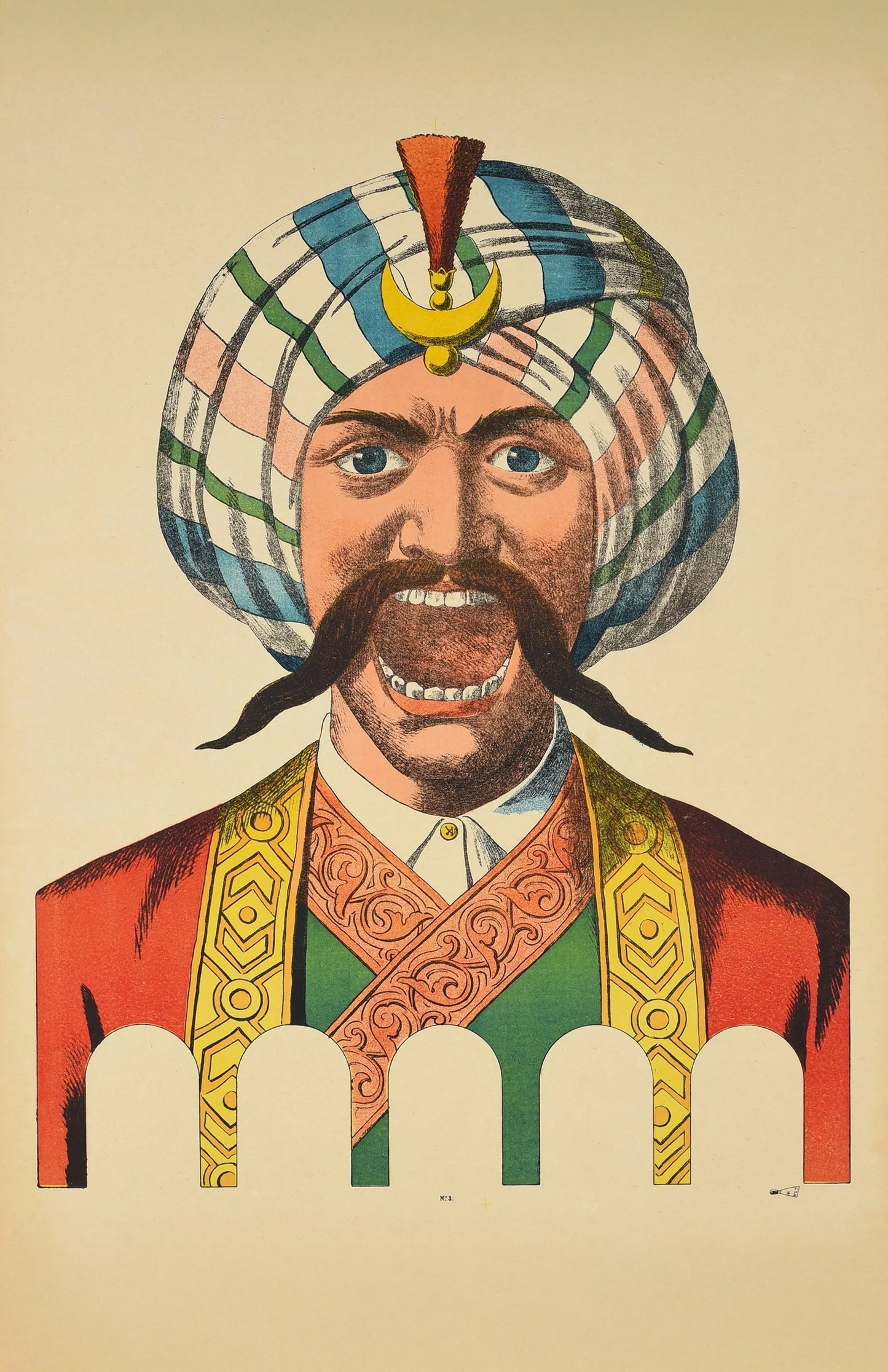 Vintage Yelling Man Mask Poster – Antique Turban & Mustache Illustration