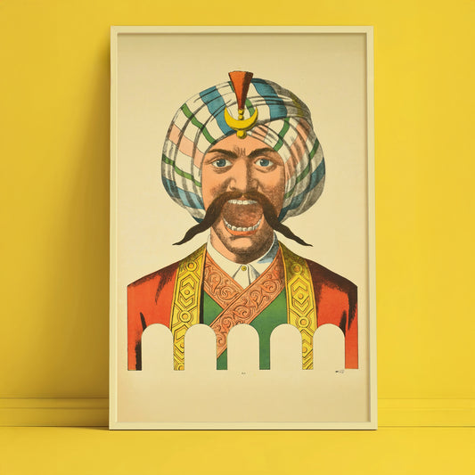 Vintage Yelling Man Mask Poster – Antique Turban & Mustache Illustration